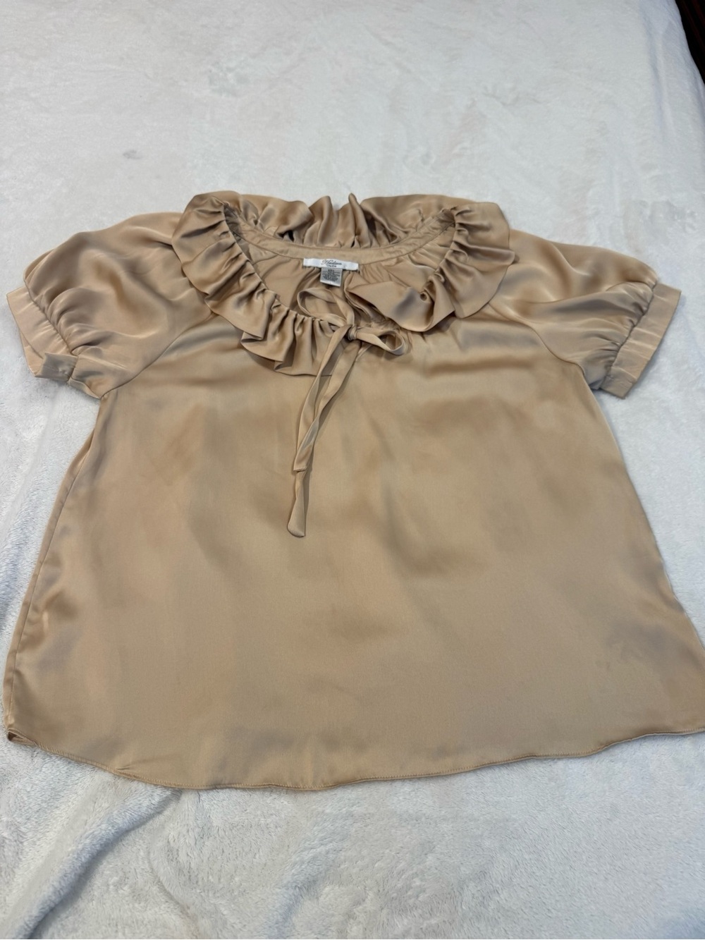 Hudson Jeans Ruffle Tie-Neck Satin Blouse in Beige
